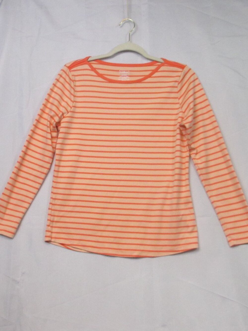 L.L. Bean Striped Tee Womens M Orange Cream Supima Cotton Long Sleeve Coastal